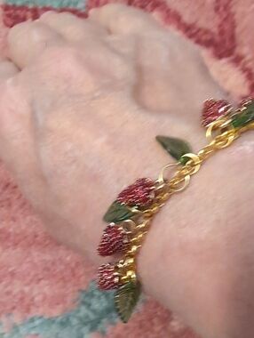 Gold-Tone Strawberry Charm Bracelet with Red and Green Accents